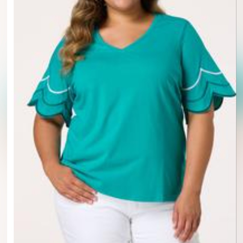 Embroidered Lapis Jade Green Teal Top Plus